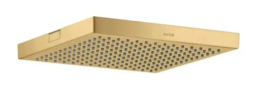 Duschkopf in quadratischer Form mit einer gebürsteten Gold-Optik und einem perforierten Muster. Gebrandet mit AXOR.